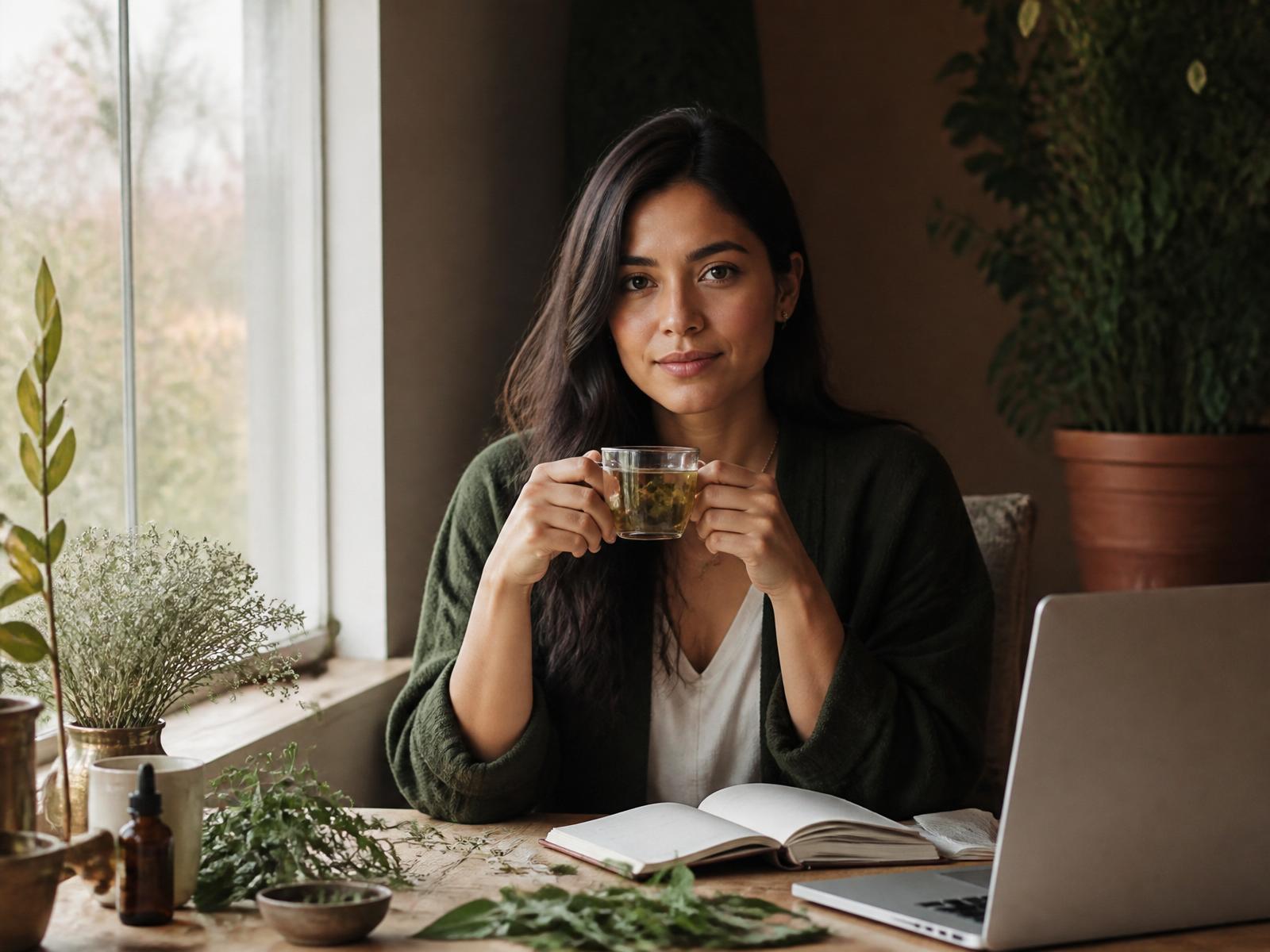Mujer emprendedora tomando una pausa con una taza de té junto a su computadora, en un espacio cálido y natural.
